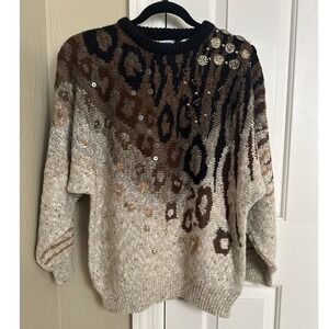 Vintage 80s Mariea Kim Animal Print Sweater Beaded Graphic Knit Wool Medium
